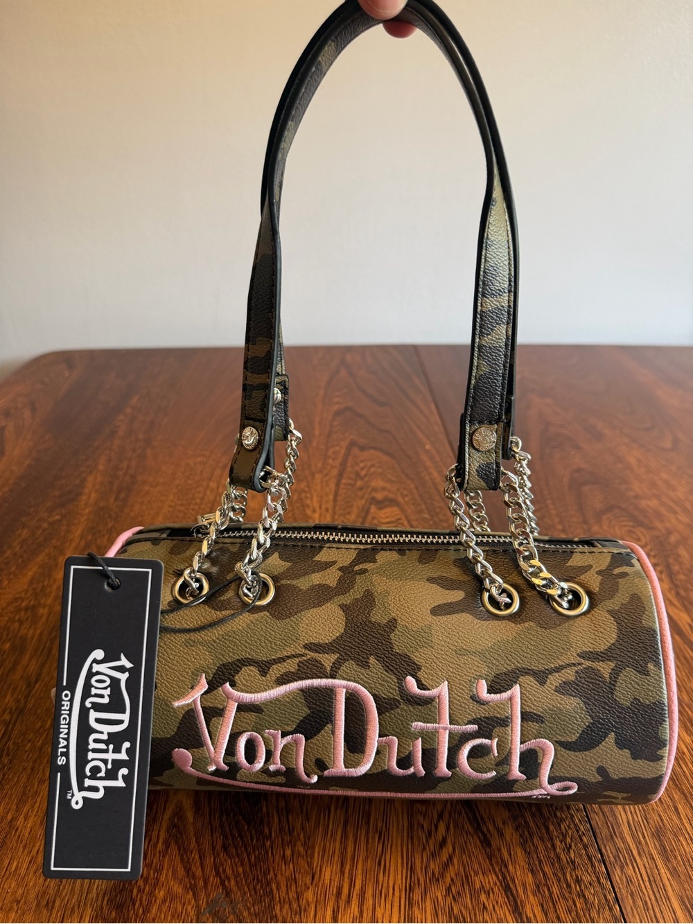 VIRAL Von Dutch Camouflage Barrel Bag with Pink Trim